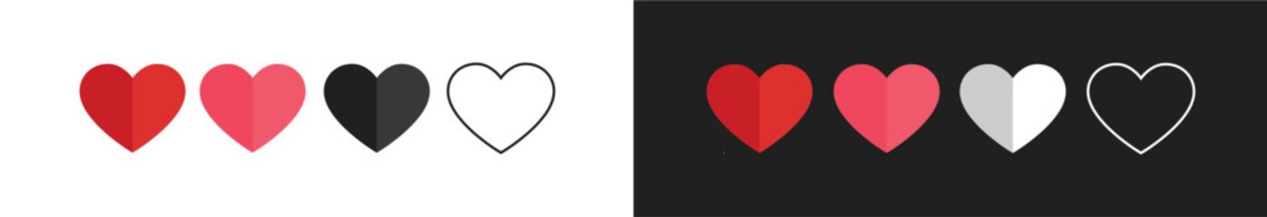 Valentine's day red hearts and black heart set isolated on white background. Vector illustration line art hearts. Paper origami pastel love symbol. Valentin icons, concept header pattern