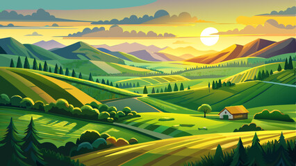 A breathtaking view of an idyllic green landscape featuring gently rolling hills bathed in the golden light of sunrise, presenting a tranquil and picturesque rural © ehsanollah