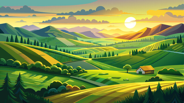 A breathtaking view of an idyllic green landscape featuring gently rolling hills bathed in the golden light of sunrise, presenting a tranquil and picturesque rural
