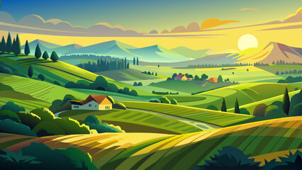 Fototapeta premium A breathtaking view of an idyllic green landscape featuring gently rolling hills bathed in the golden light of sunrise, presenting a tranquil and picturesque rural