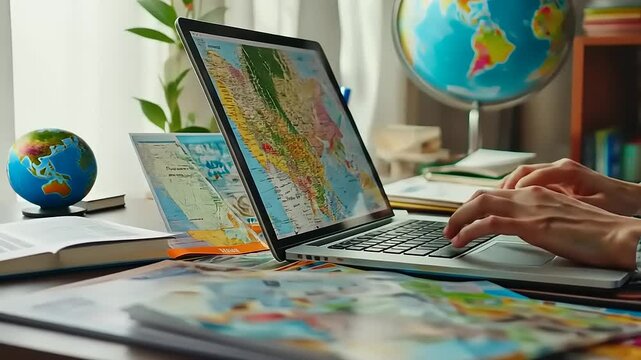 Person typing on a laptop with maps spread out, globe in background, planning a travel adventure