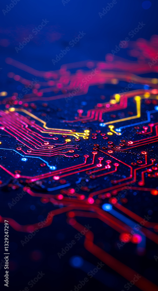 Poster glowing circuit board: futuristic tech, neon pathways, and data flow - visualizing innovation in ele