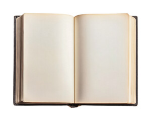 Open blank book with white pages on black background for writing or sketching, cut out