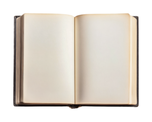 Open blank book with white pages on black background for writing or sketching, cut out