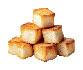Golden toast pile of crunchy bread cubes isolated on black background, cut out