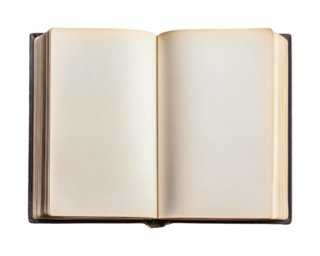 Open blank book with white pages on black background for writing or sketching, cut out