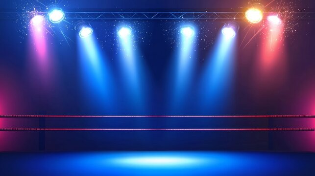 Boxing ring arena with bright spotlight floodlights, creating a dramatic atmosphere for professional combat sports and championship matches.