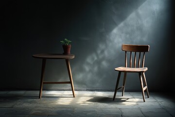 Simple wooden furniture in dimly lit room