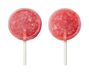 Two red lollipops on sticks against solid black background, cut out