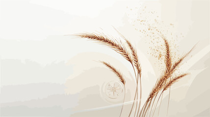 Close-up image of dried wheat stalks and small dried white flowers arranged on a plain white background. The overall color palette is light beige and cream. The image is softly lit, with a shallow