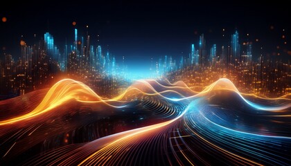 Shifting light waves that form into shapes resembling a futuristic city grid, creating a dynamic and visually captivating digital landscape.
