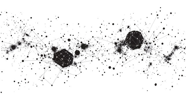 The image is a monochrome abstract representation of a network. It features black nodes of varying sizes connected by thin lines against a white background.  The nodes are primarily hexagonal or