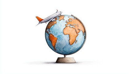 Fototapeta premium An airplane is depicted above a colorful globe, representing global travel and adventure in a modern, artistic style.