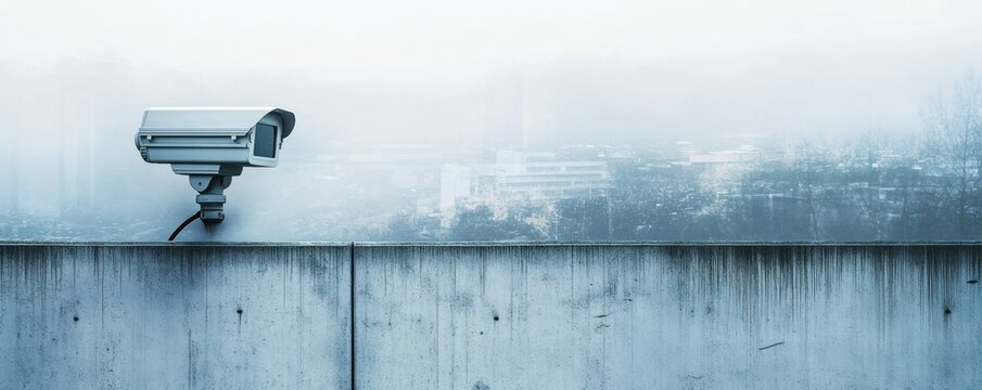 A security camera is mounted on a concrete barrier overlooking a city