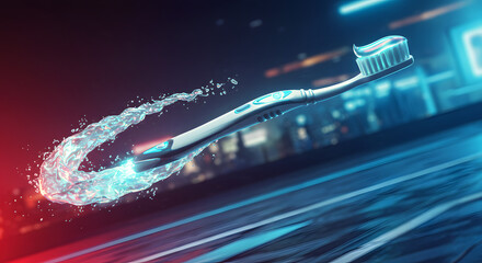 Toothbrush with toothpaste and water splash in futuristic city background