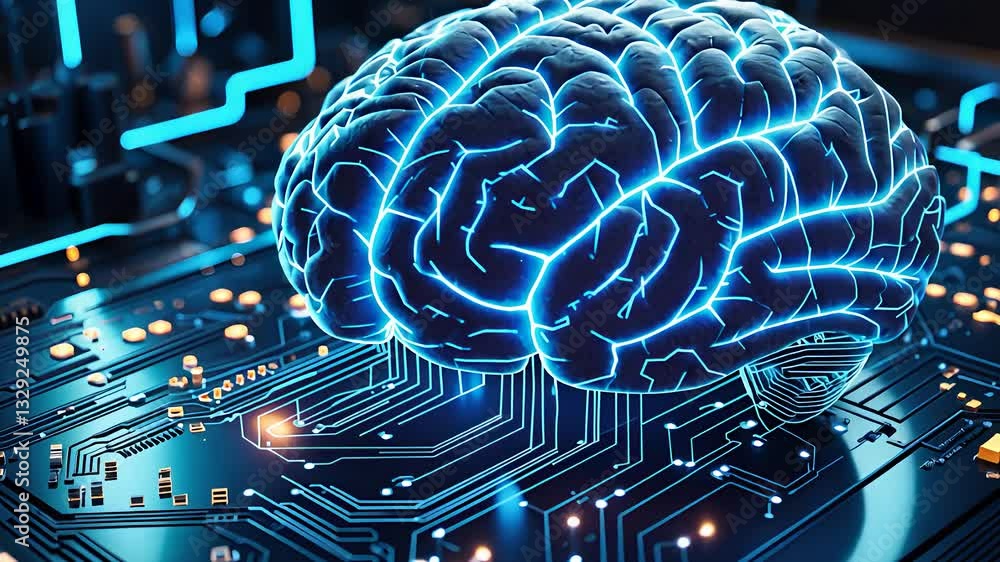 Poster futuristic artificial intelligence concept with a glowing digital brain integrated into a high-tech 