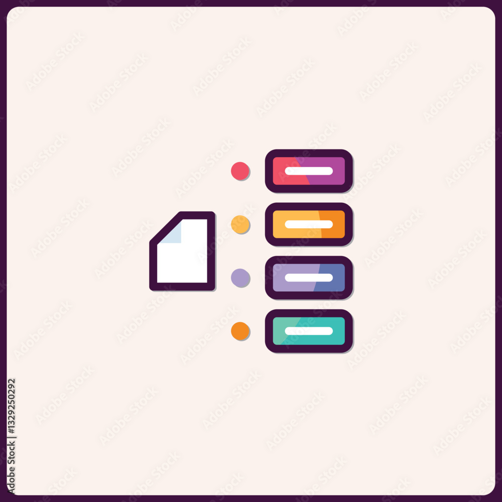 Poster data organization process chart icon with document and list elements, flow, and steps