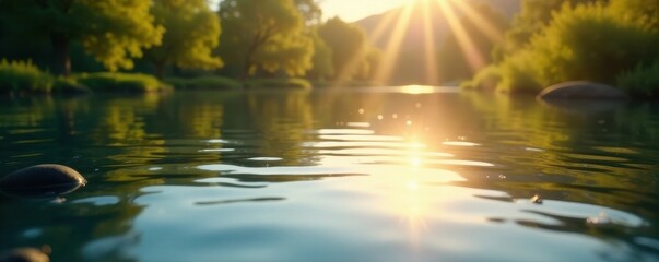 Still water, barely disturbed by a soft breeze, sun gleaming, surface, tranquil