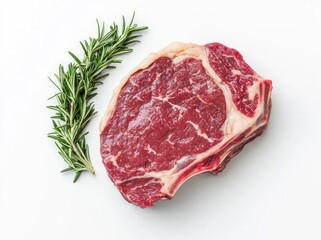Raw Beef Ribeye Steak with Fresh Rosemary on White Background