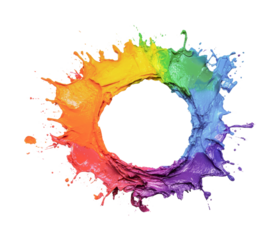 Vibrant rainbow paint splash in circular formation on black background, cut out