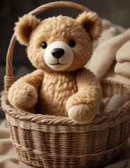Obraz premium Soft toy teddy bear in a woven basket with natural fibers, teddy bear, basket, gift