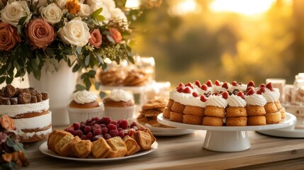 Obraz premium A lavish dessert table filled with an assortment of cakes, pastries, and fresh berries, beautifully arranged to create a tempting and enchanting dining experience.
