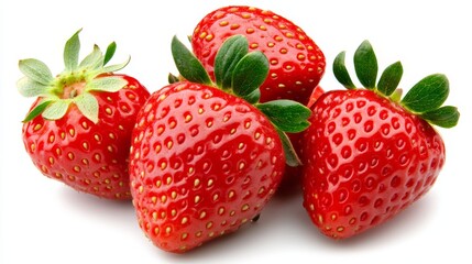 Three large strawberries with detailed surface texture placed side by side against a white background showcasing freshness organic farming and fruit industry focus