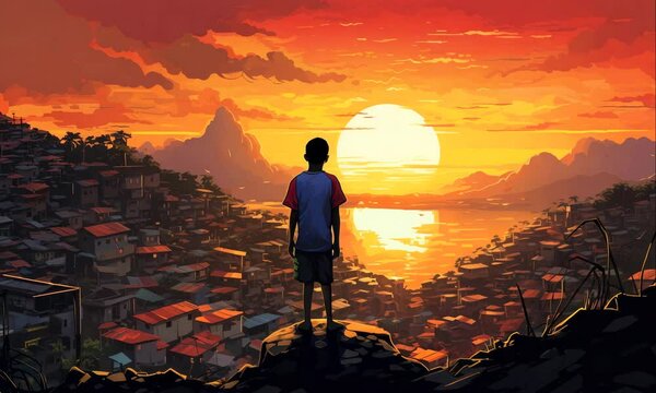 child standing above overlooking favela landscape illustrated animation