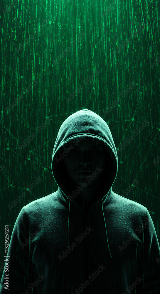 Poster cyberpunk hacker: anonymous in green matrix. digital privacy, security & threat. code intrusion, vir