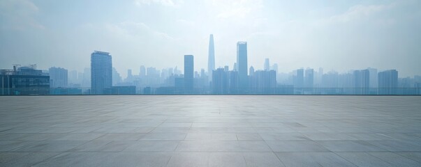A wide view of modern city skyscrapers under a cloudy sky