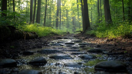 Obraz premium A mindful walk through a tranquil forest, focusing on the sounds of nature