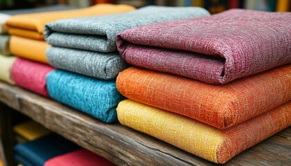 Colorful Folded Fabrics Stacked on Wooden Surface