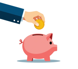 Hand dropping a gold coin into a pink piggy bank with transparent background