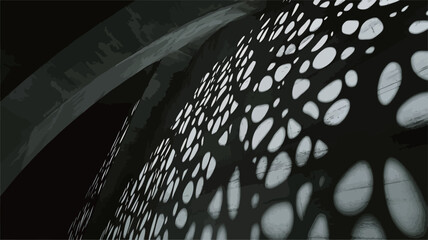Close-up view of a perforated surface with irregular, organic shapes. The image is in black and white, showcasing a strong contrast between light and shadow. The texture is rough, with varying
