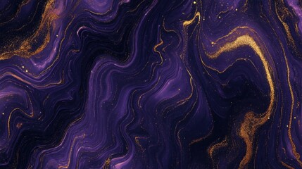 A glossy liquid texture background with swirling purple and gold patterns