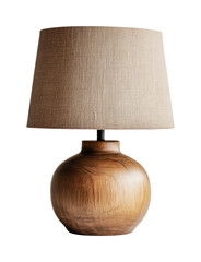 Elegant wooden table lamp with beige fabric shade, cut out