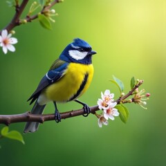 Obraz premium Vibrant great tit on flowering branch, spring scene , bird, tree, animal