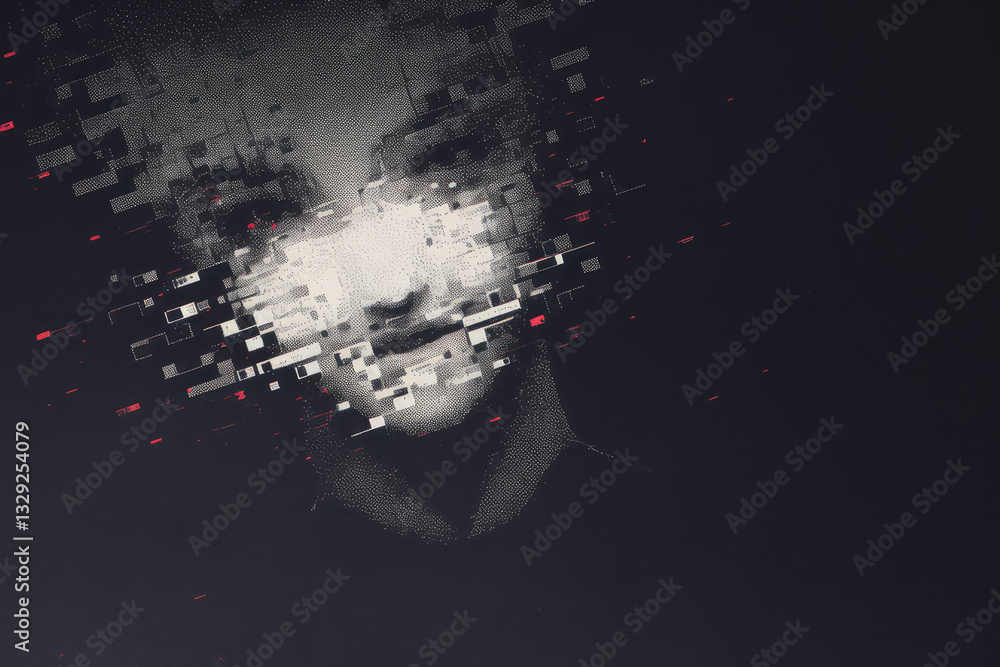 Poster digital abstract portrait of person with pixelated effects, creating sense of chaos and fragmentatio