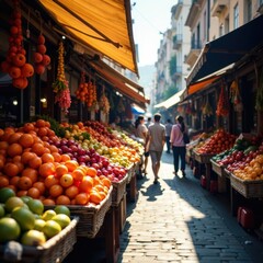 Obraz premium Sun-drenched market stalls piled high with ripe produce, ready for sale , abundance, agriculture
