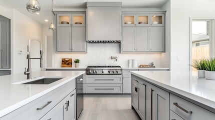 Fototapeta premium Modern Kitchen Interior with Gray Cabinets and Quartz Countertops