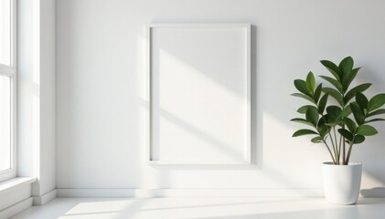 Clean white frame against pristine white wall Minimalist interior detail , wall decor, minimal aesthetic