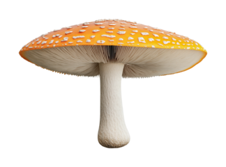 Amanita muscaria mushroom: detailed close-up of iconic fungi with orange cap and white stem, cut out