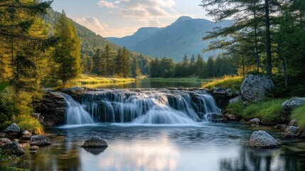 Serene waterfall cascading into a calm river, surrounded by lush greenery and majestic mountains under a tranquil sunset sky.