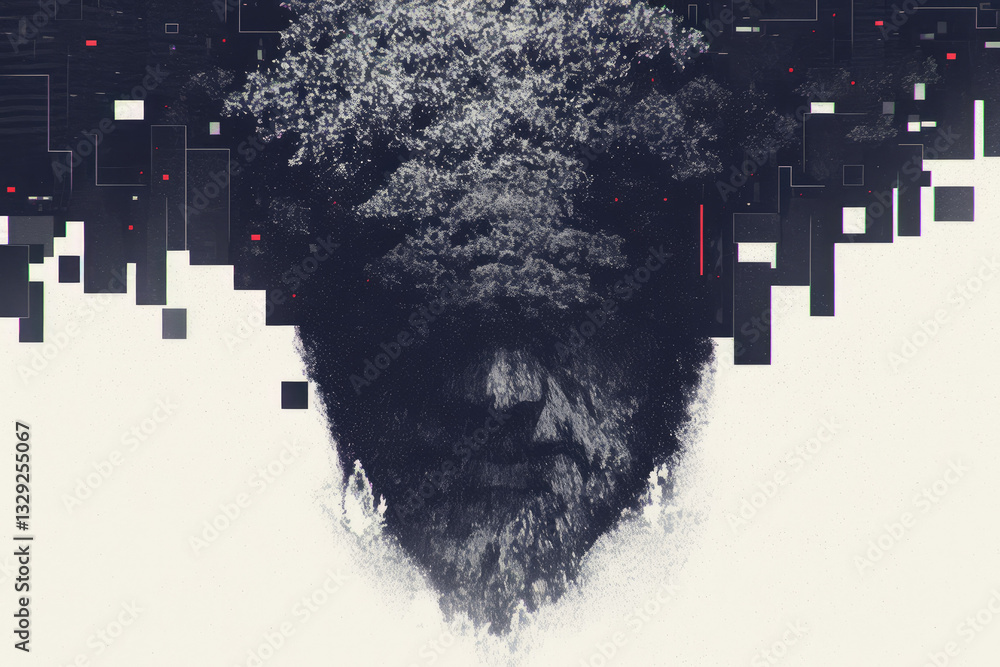 Poster mysterious abstract image features face emerging from digital landscape, blending nature and technol