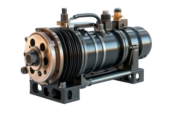 A Powerful, Sleek Elevator Hydraulic Pump, A Marvel Of Engineering Precision, Showcasing Robust Build Quality And Sophisticated Design With A Metallic Bronze And Black Finish Against A Isolated on Tra