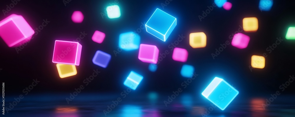 Poster colorful glowing cubes floating in front of a dark background