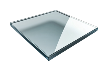 Clear glass pane with reflective surface against black background, cut out