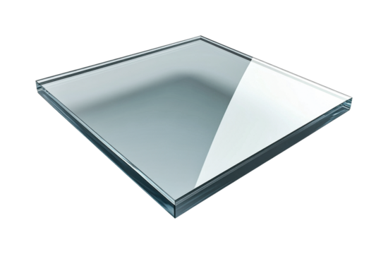 Clear glass pane with reflective surface against black background, cut out