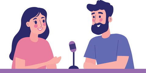 Two people recording interview podcast episode vector illustration