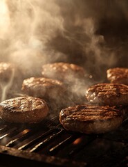Cooking Juicy Burgers on Grill with Smoke for Summer Barbecue